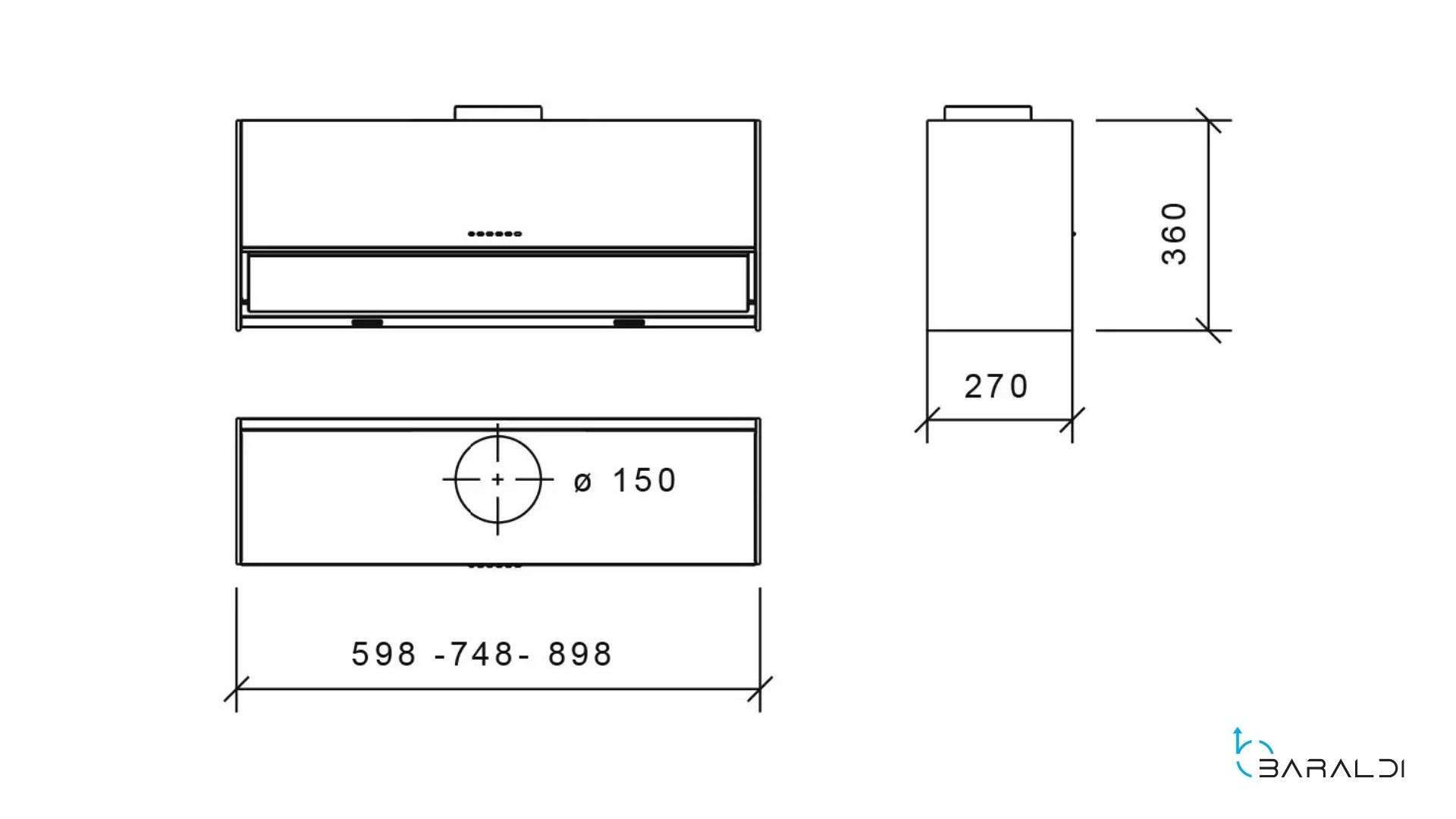 Disegno tecnico di una cappa aspirante con dimensioni: larghezza 598-898mm, profondità 270mm, altezza 360mm.
