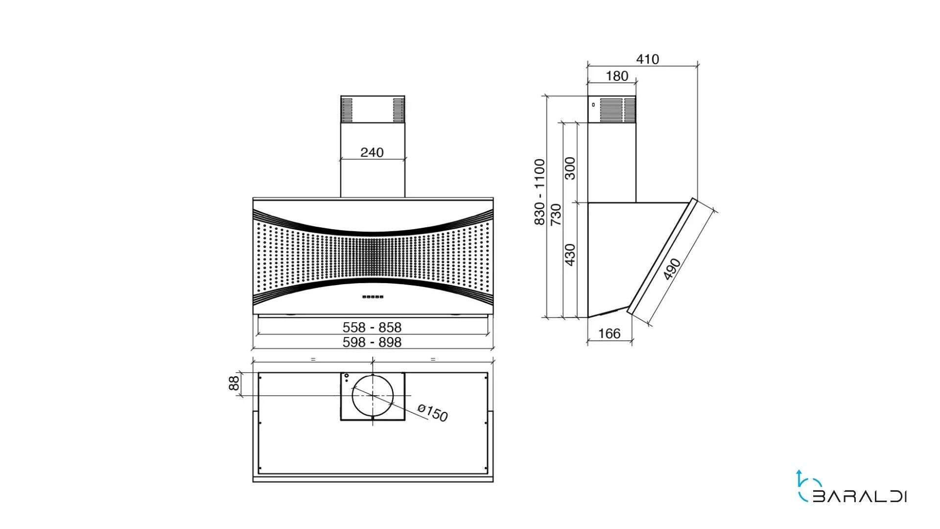 Disegno tecnico di una cappa da cucina con dimensioni.