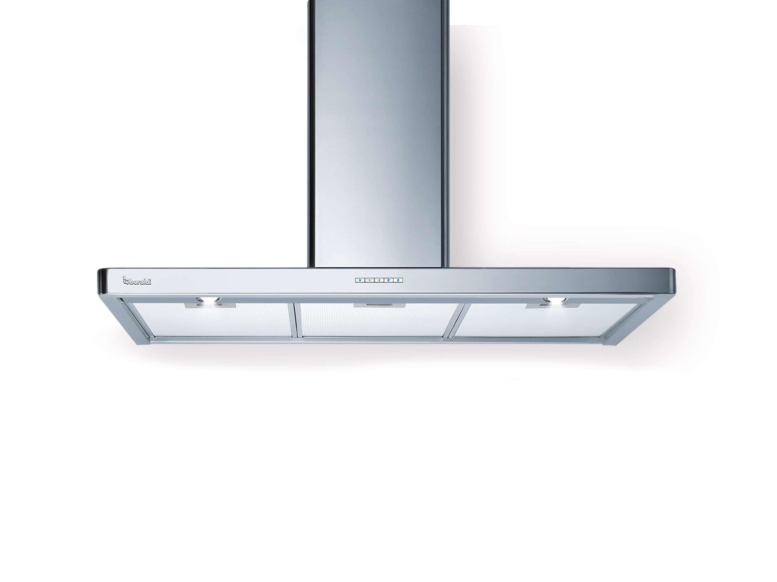 Cappa aspirante in acciaio inox con luci e pannello.