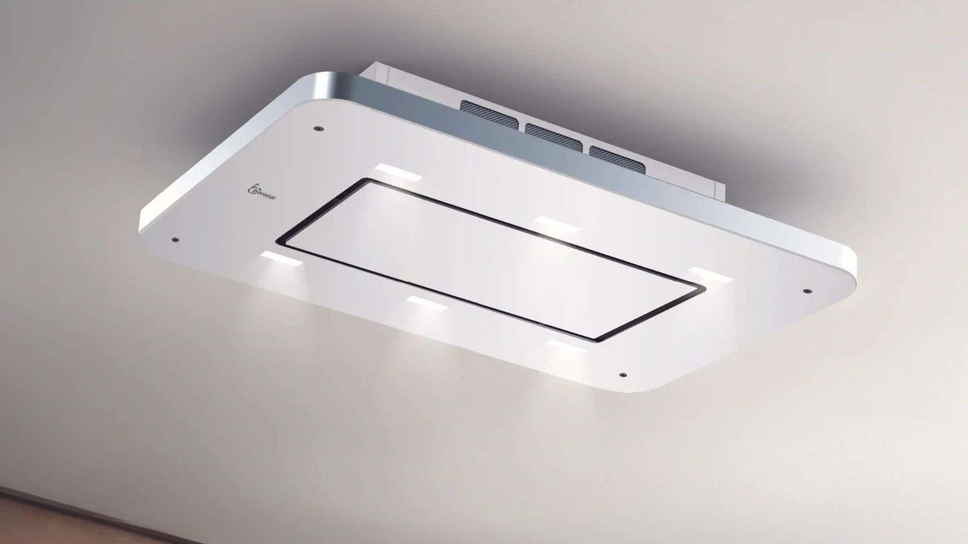 Una lampada da soffitto bianca con cornice rettangolare nera e luci integrate.