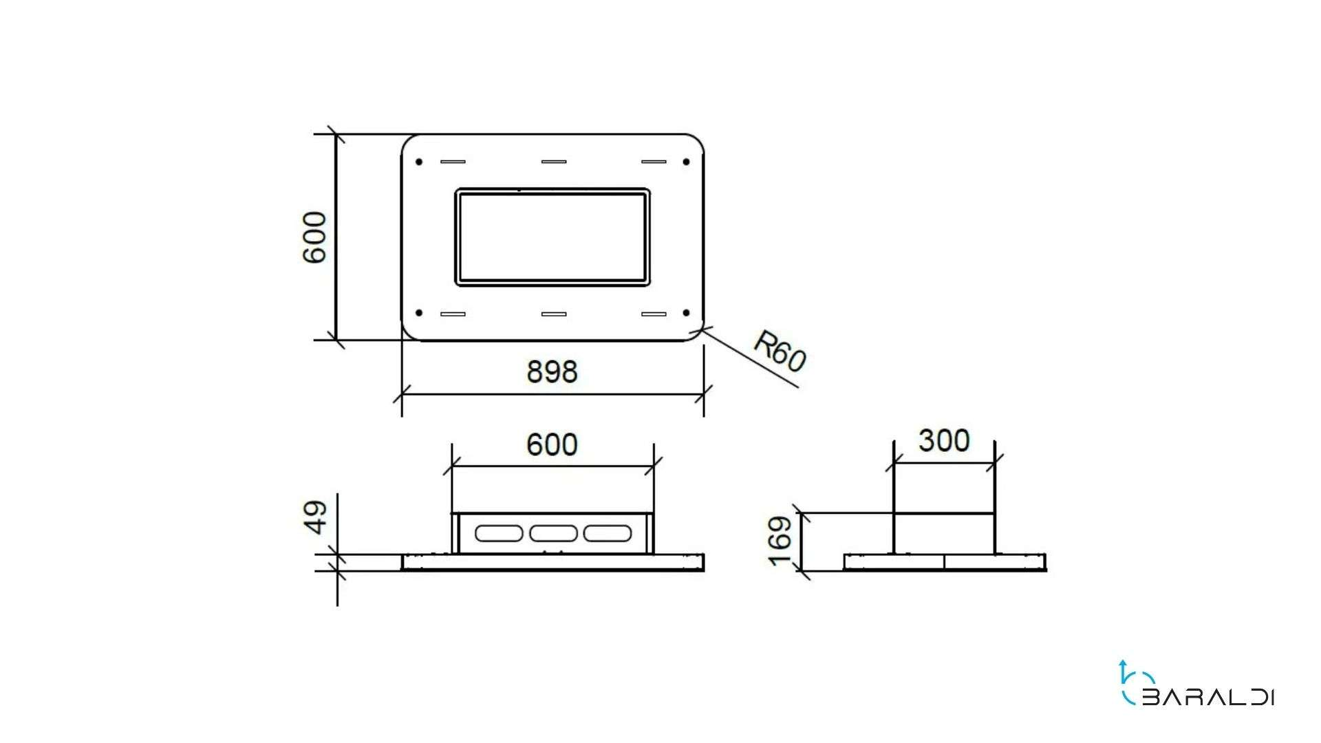Disegno tecnico di un oggetto rettangolare con dimensioni e raggi.
