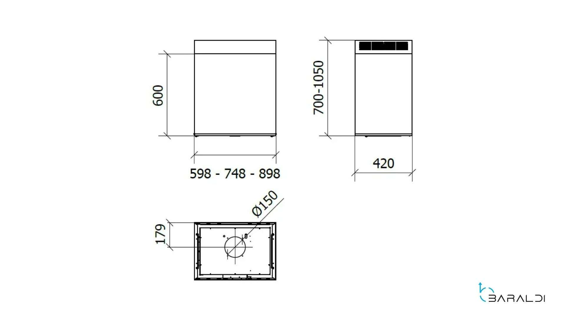 Disegno tecnico di un dispositivo con dimensioni 600x420x700-1050mm.