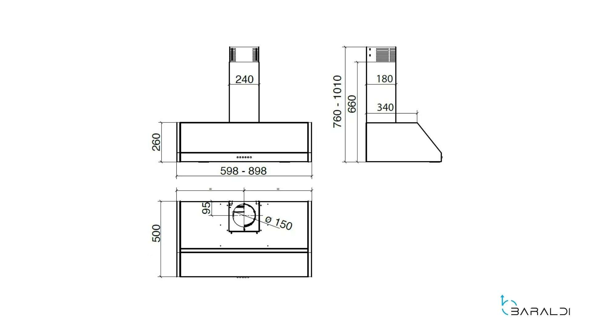 Disegno tecnico di una cappa da cucina con dimensioni.