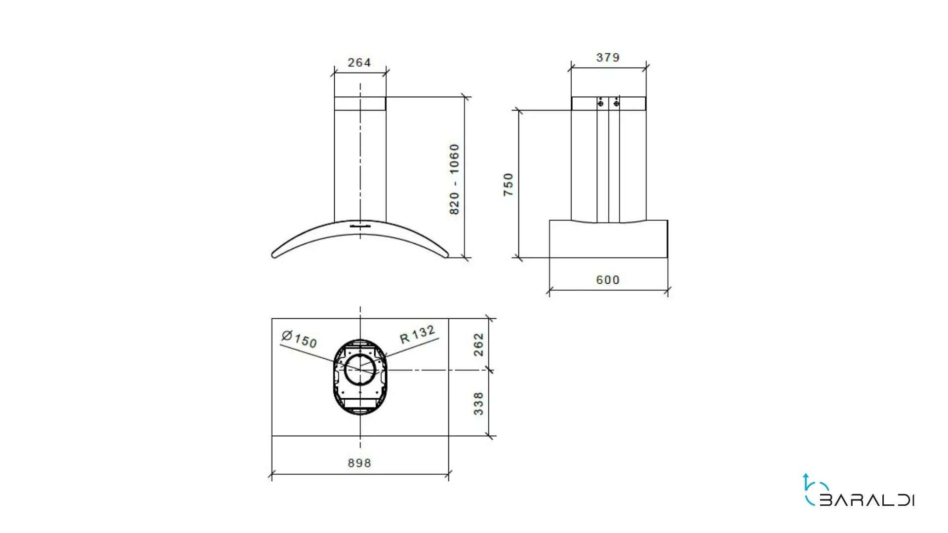 Disegno tecnico di una cappa aspirante con dimensioni e viste.