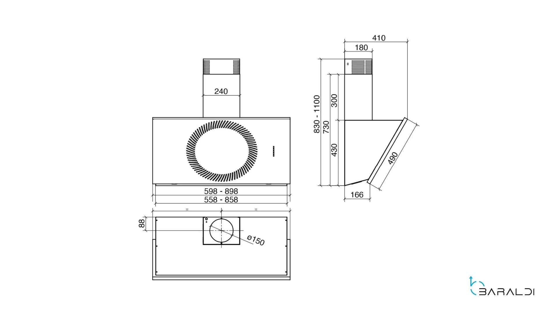 Disegno tecnico di una cappa da cucina con dimensioni.