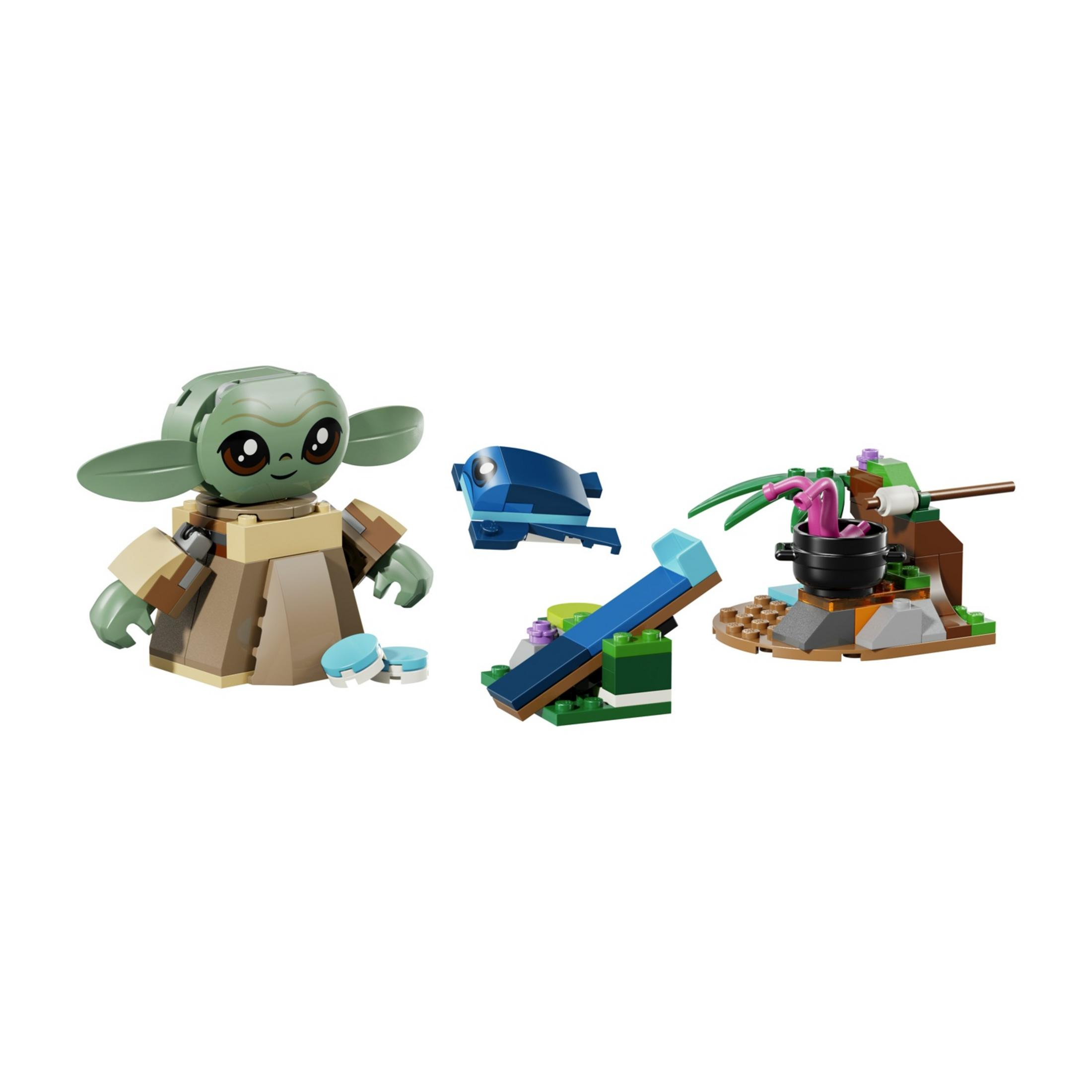 Figura verde de Lego con túnica marrón, juguete azul, olla con tentáculos rosas.
