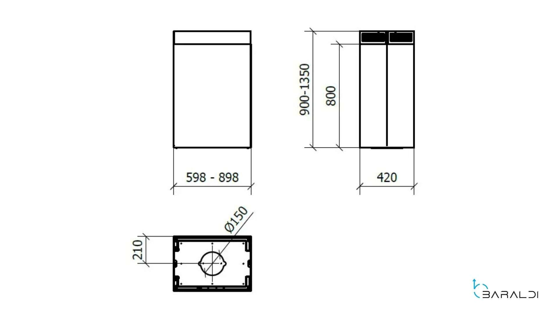 Disegno tecnico di un contenitore rettangolare con dimensioni.