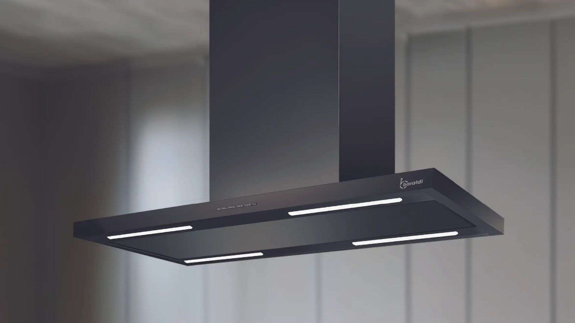 Una cappa da cucina scura con luci sopra un piano cottura.