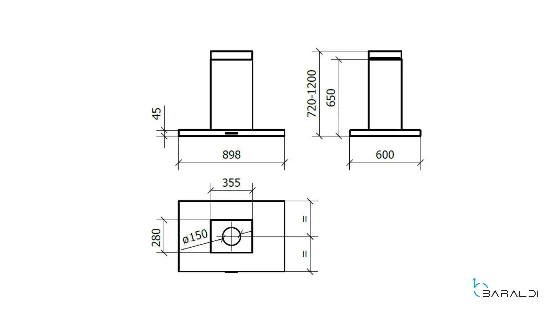 Disegno tecnico di una cappa da cucina con dimensioni.