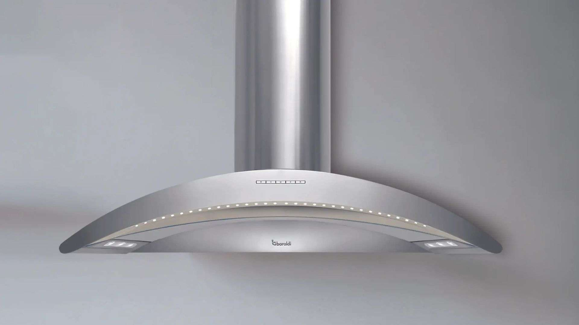 Cappa aspirante in acciaio inox dal design curvo e illuminazione LED.
