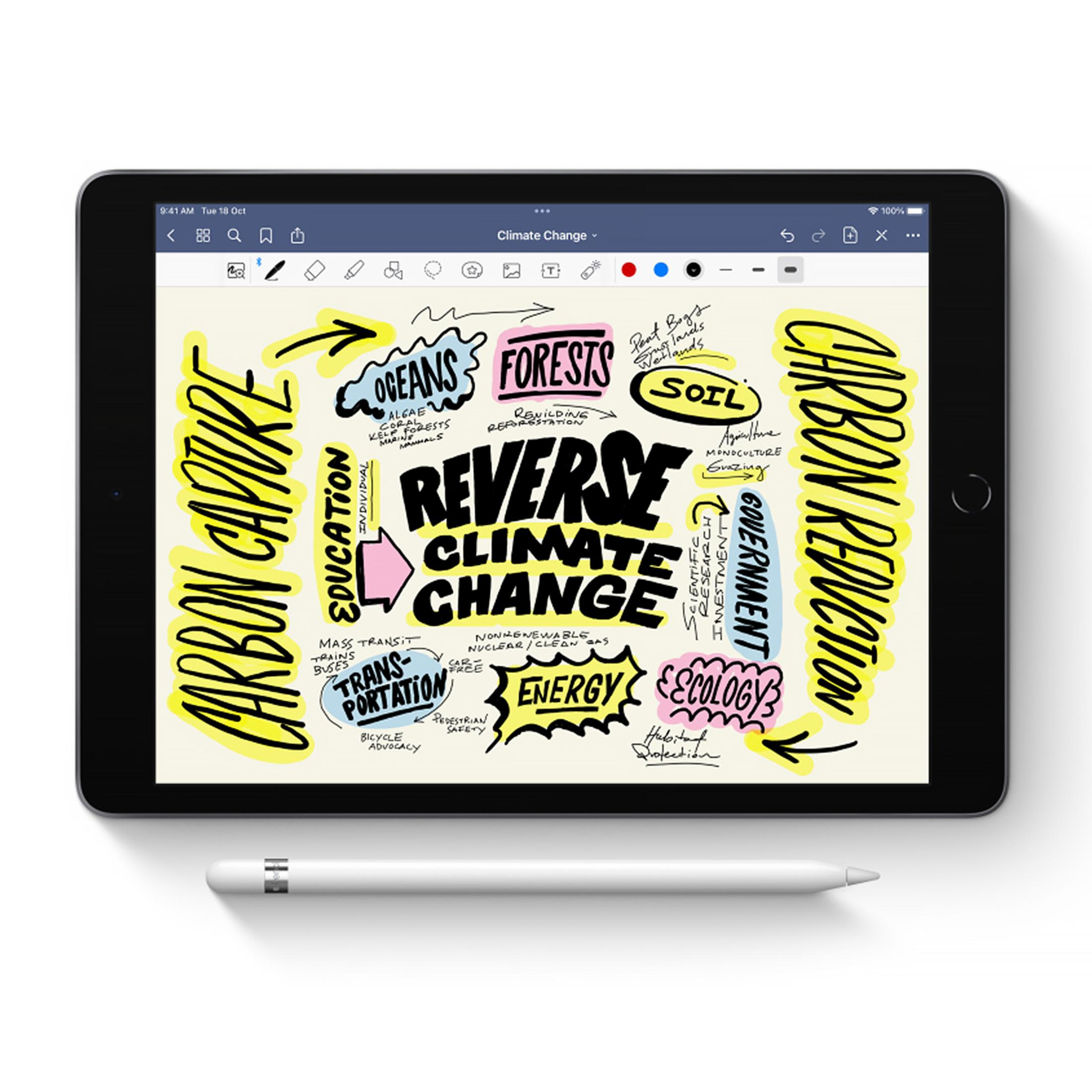 Tablet wyświetla mapę myśli o odwracaniu zmian klimatu z kategoriami: oceany, lasy, gleba, energia.
