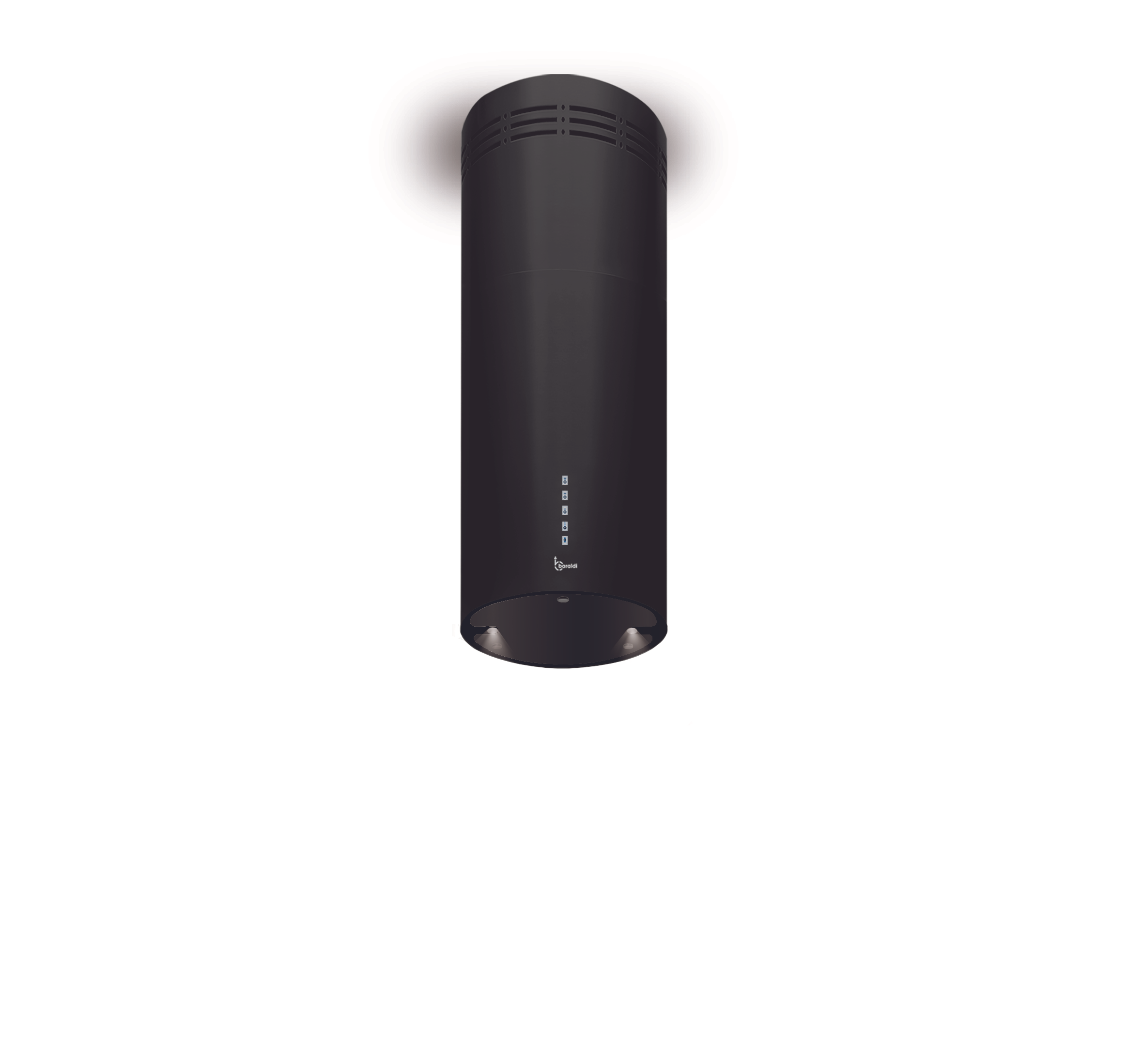 Cappa da cucina nera con comandi touch e luci.