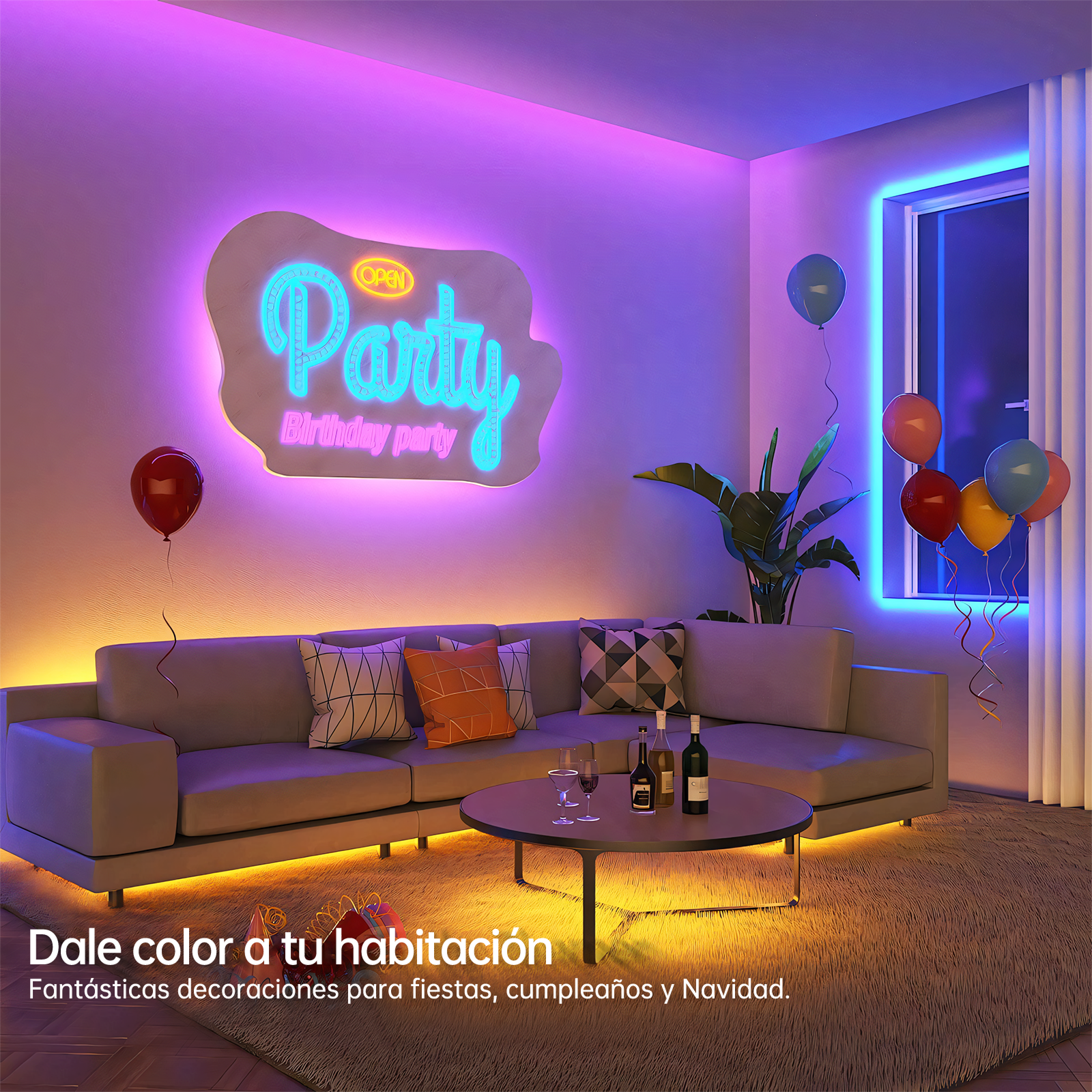Una sala con sofá, mesa, globos y letrero de neón 'Party'.