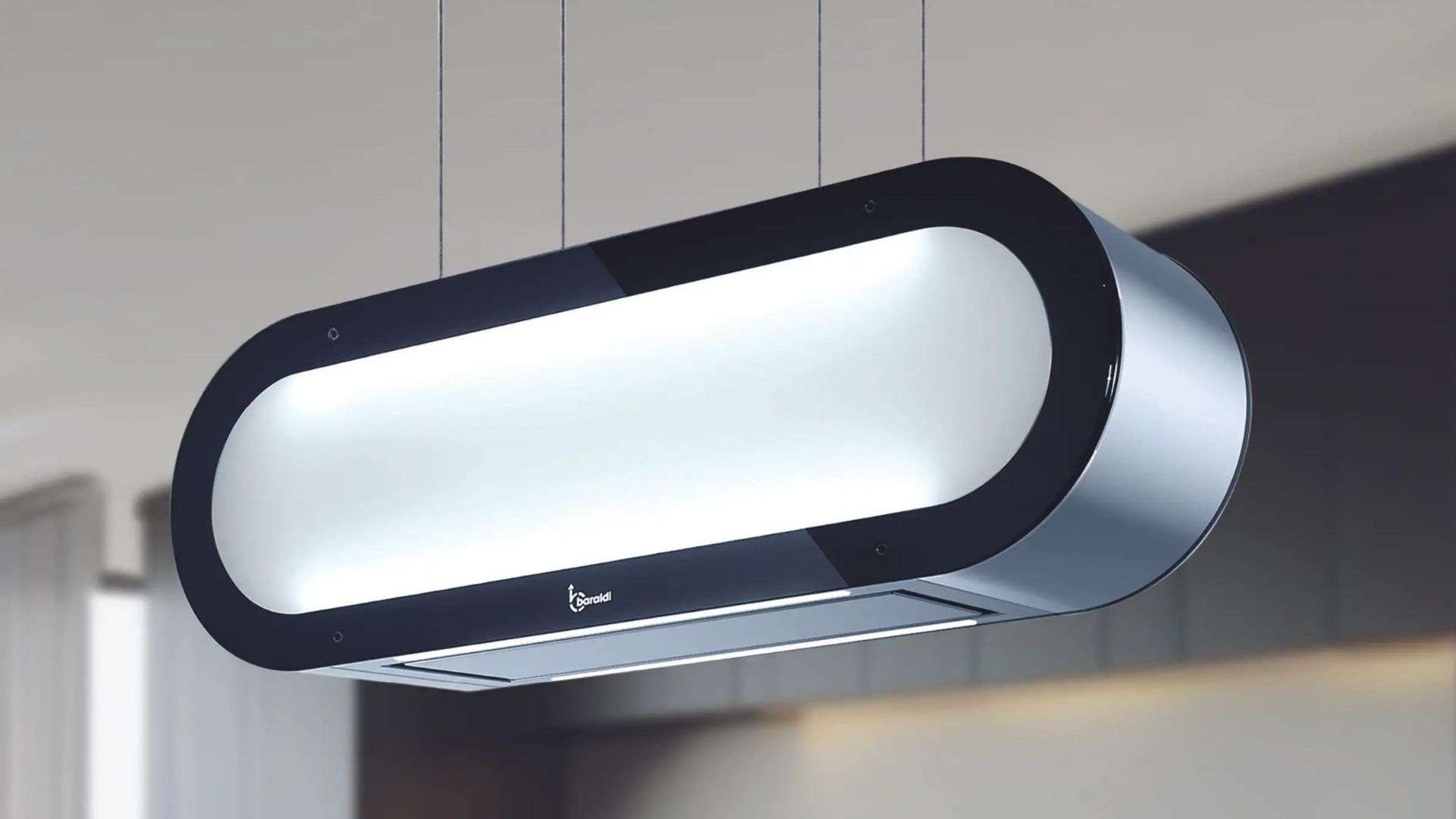 Una cappa da cucina ovale moderna con cornice nera e sezione interna illuminata.