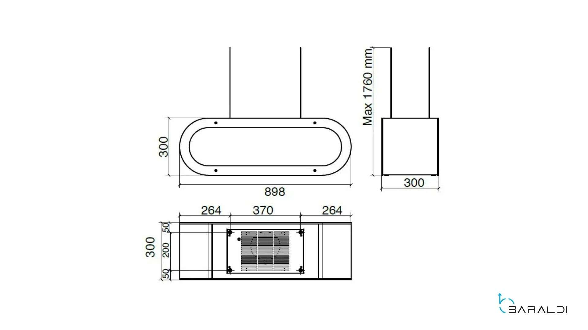 Disegno tecnico di una cappa da cucina con dimensioni.