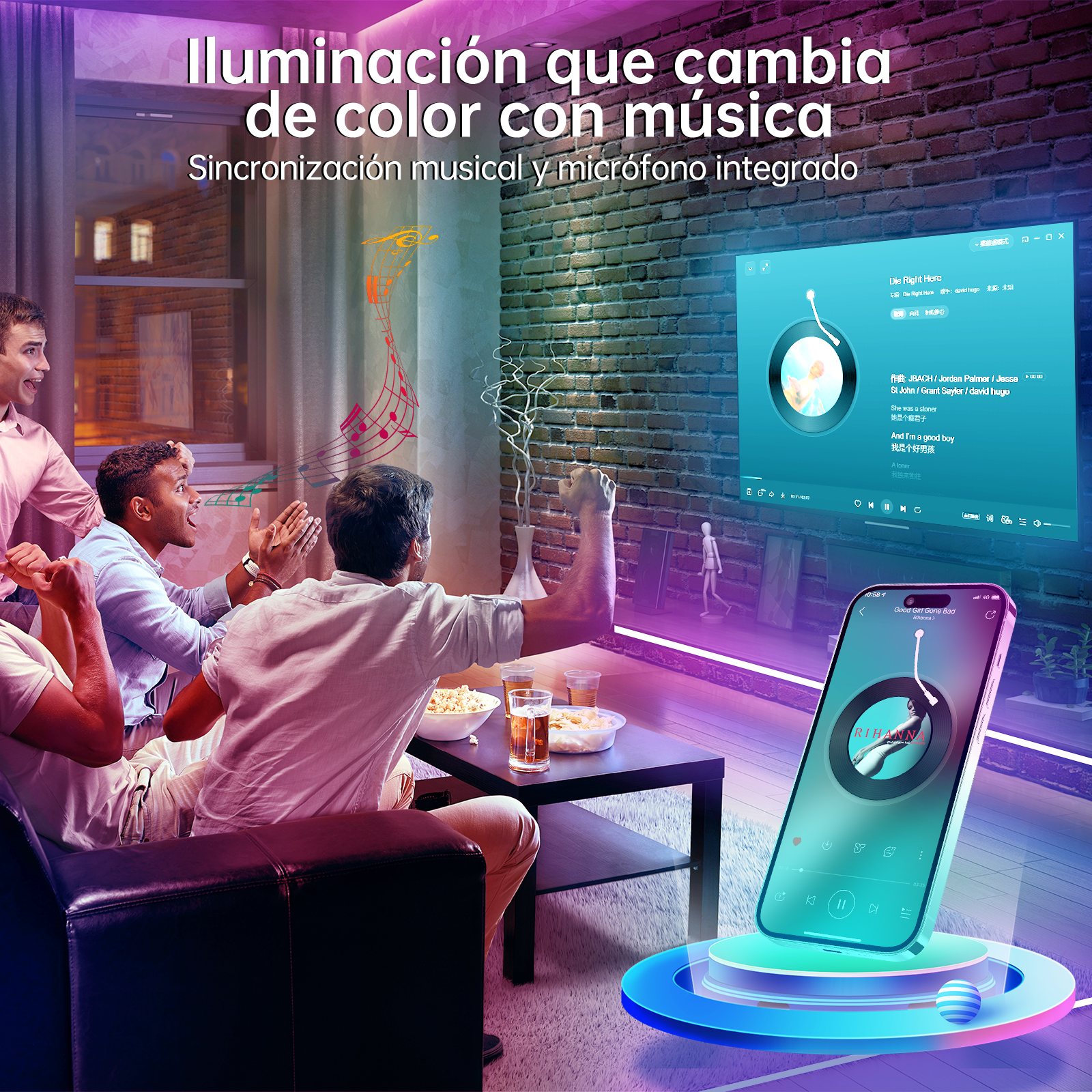 Hombres miran una pantalla sincronizando música y efectos de luz, con un teléfono.