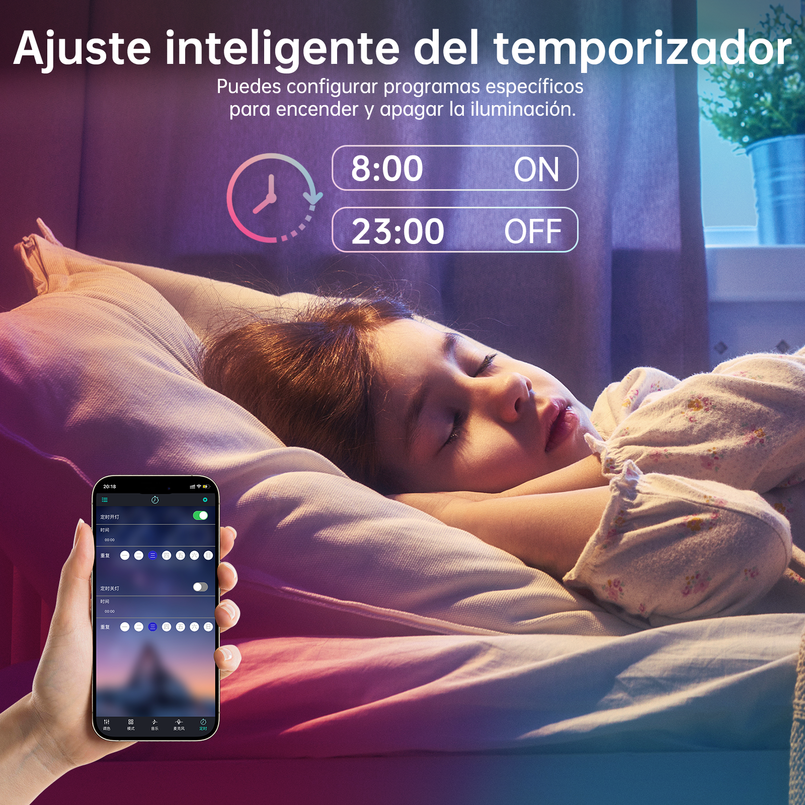 Un niño duerme mientras una app de móvil ajusta temporizadores de luz.