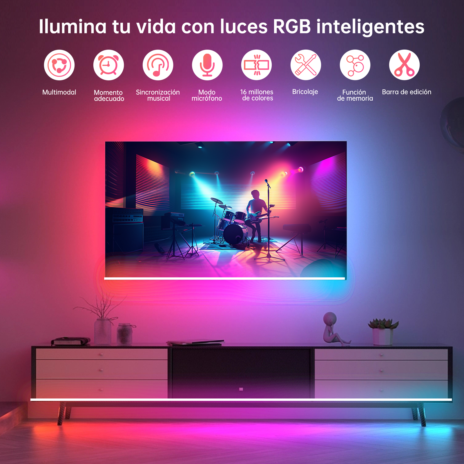 Un guitarrista actúa en un escenario con batería y luces.