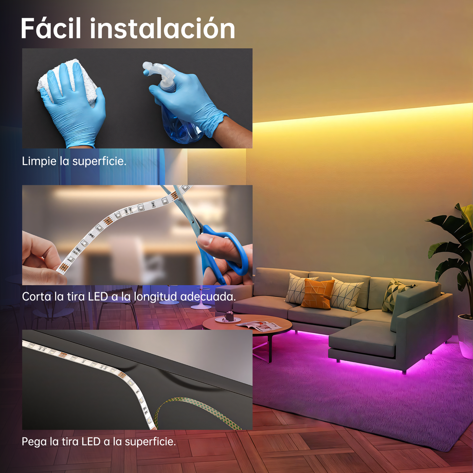 Instalación de tira LED: limpiar, cortar a medida y pegar.