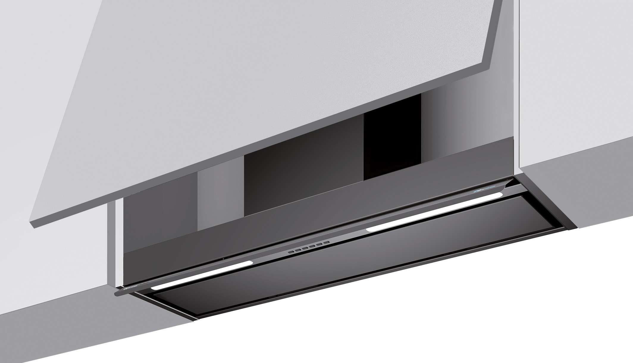 Cappa moderna con illuminazione integrata, montata a soffitto bianco.