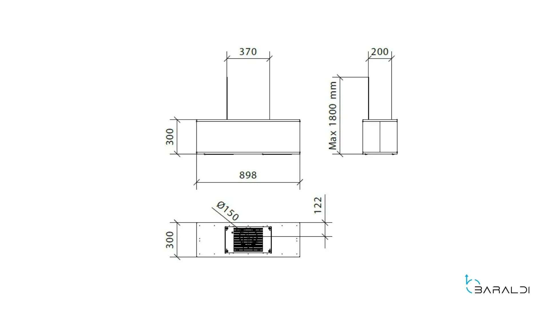 Disegno tecnico di una cappa aspirante con dimensioni.