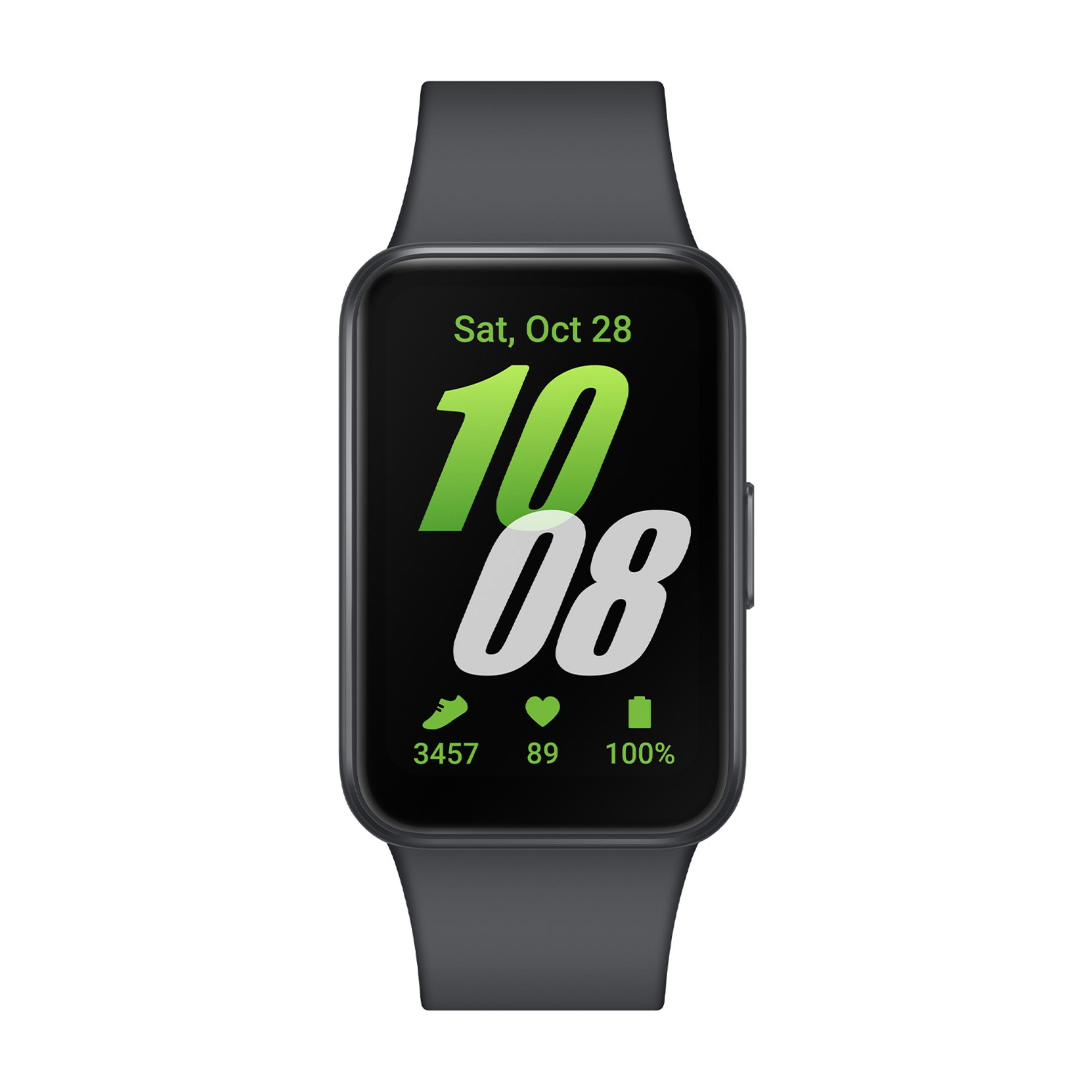 Graues Fitnessarmband mit schwarzem Display, zeigt 10:08 Uhr, 3457 Schritte, 89 Herzschläge, 100% Akku.