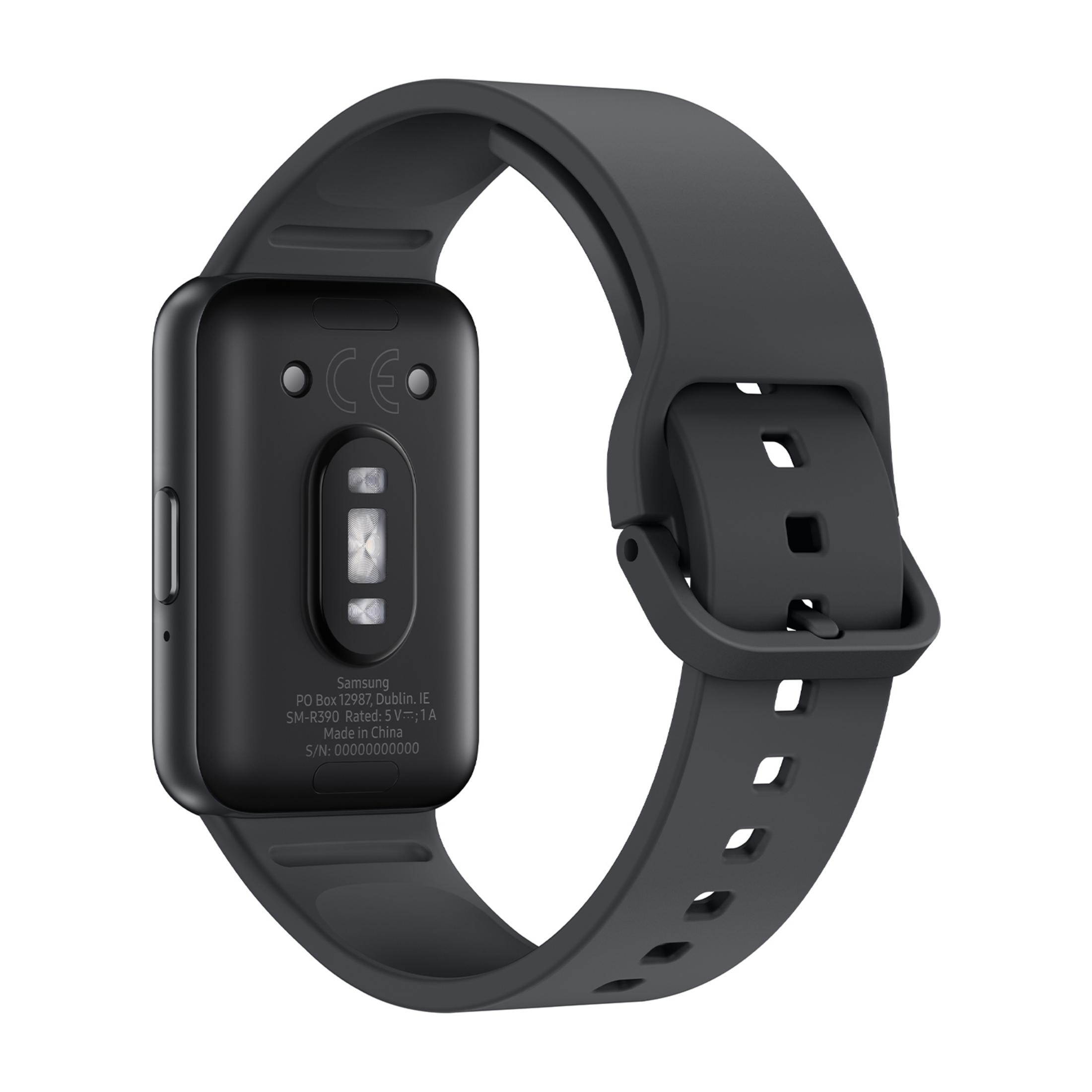 Dunkelgraues Smartband mit Sensoren auf der Rückseite und einem Knopf.
