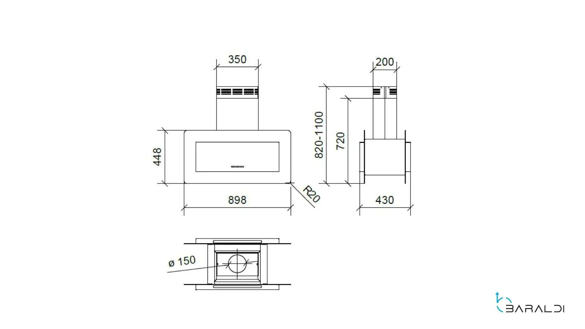 Disegno tecnico di un camino con dimensioni. Viste frontale, laterale e dall'alto.