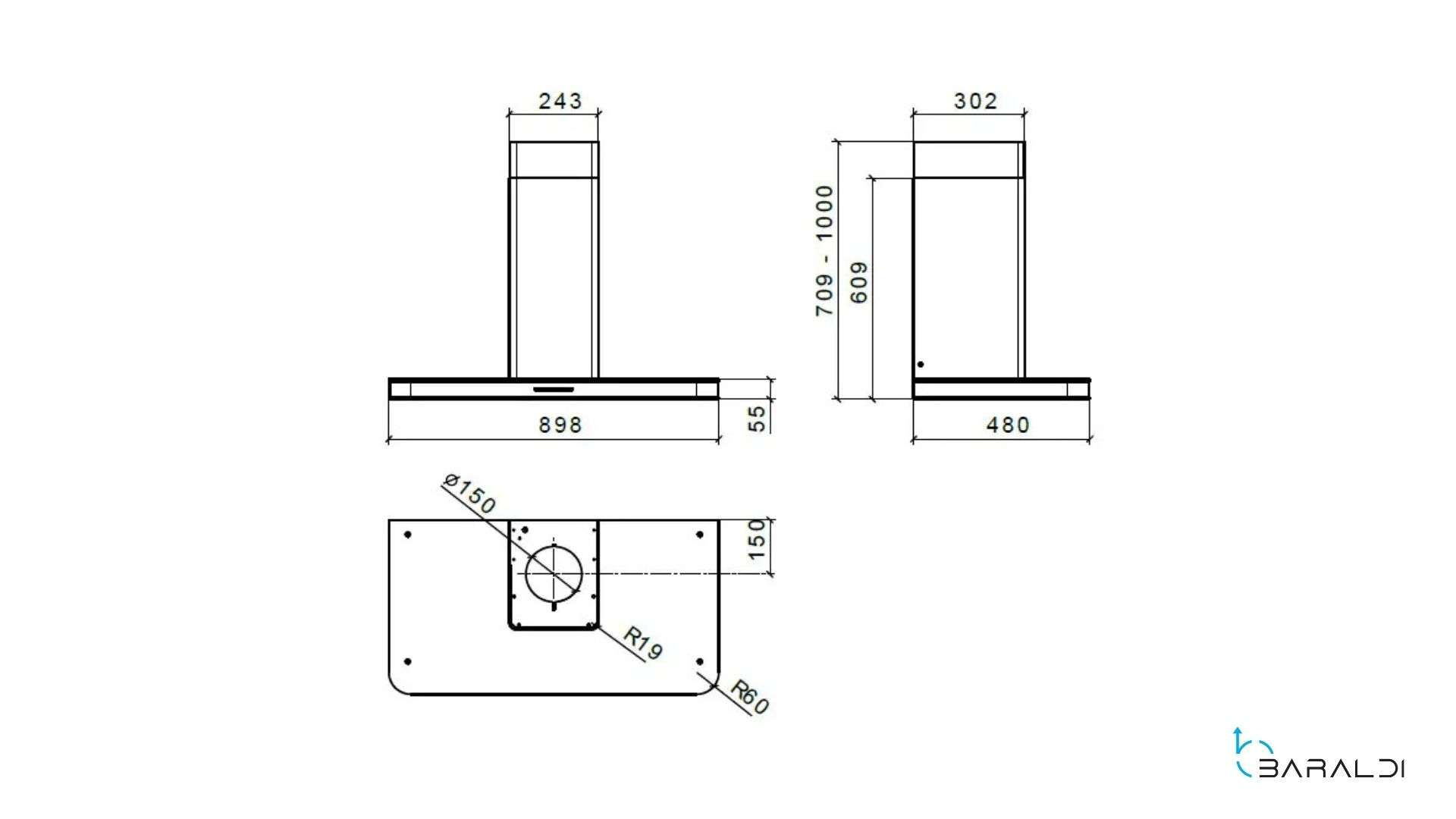 Disegno tecnico di una cappa aspirante con dimensioni.