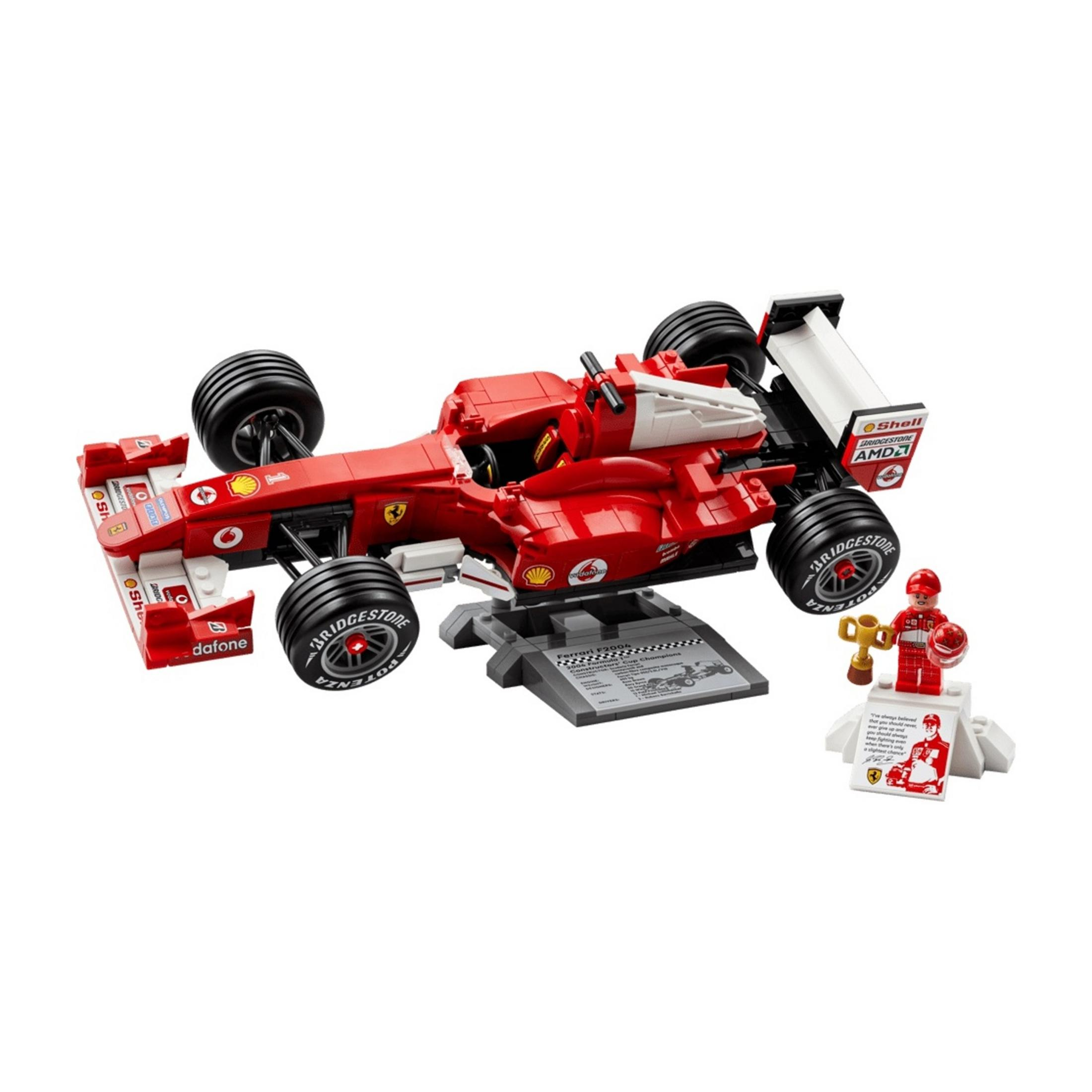 Czerwony samochód wyścigowy Ferrari Formuły 1 z Lego, z podstawką i minifigurką.