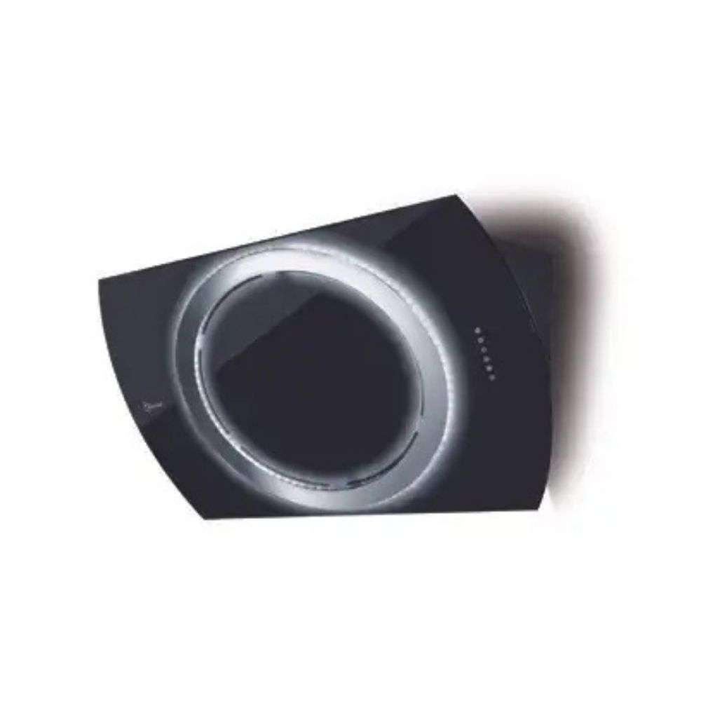 Cappa aspirante nera con illuminazione a LED su sfondo bianco.