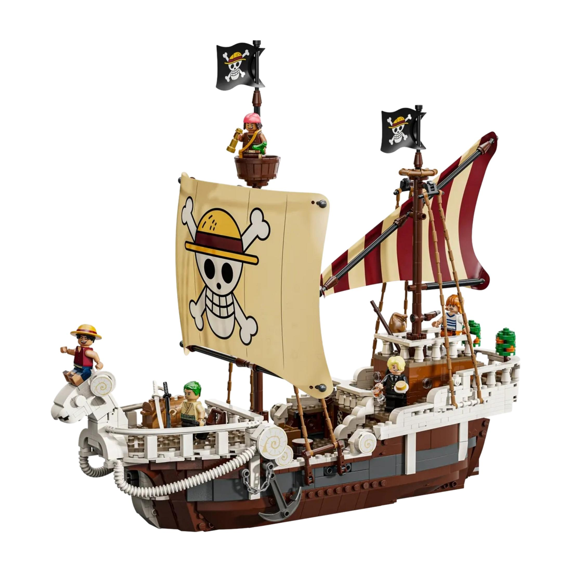 Un barco pirata de Lego con tripulación y banderas Jolly Roger.