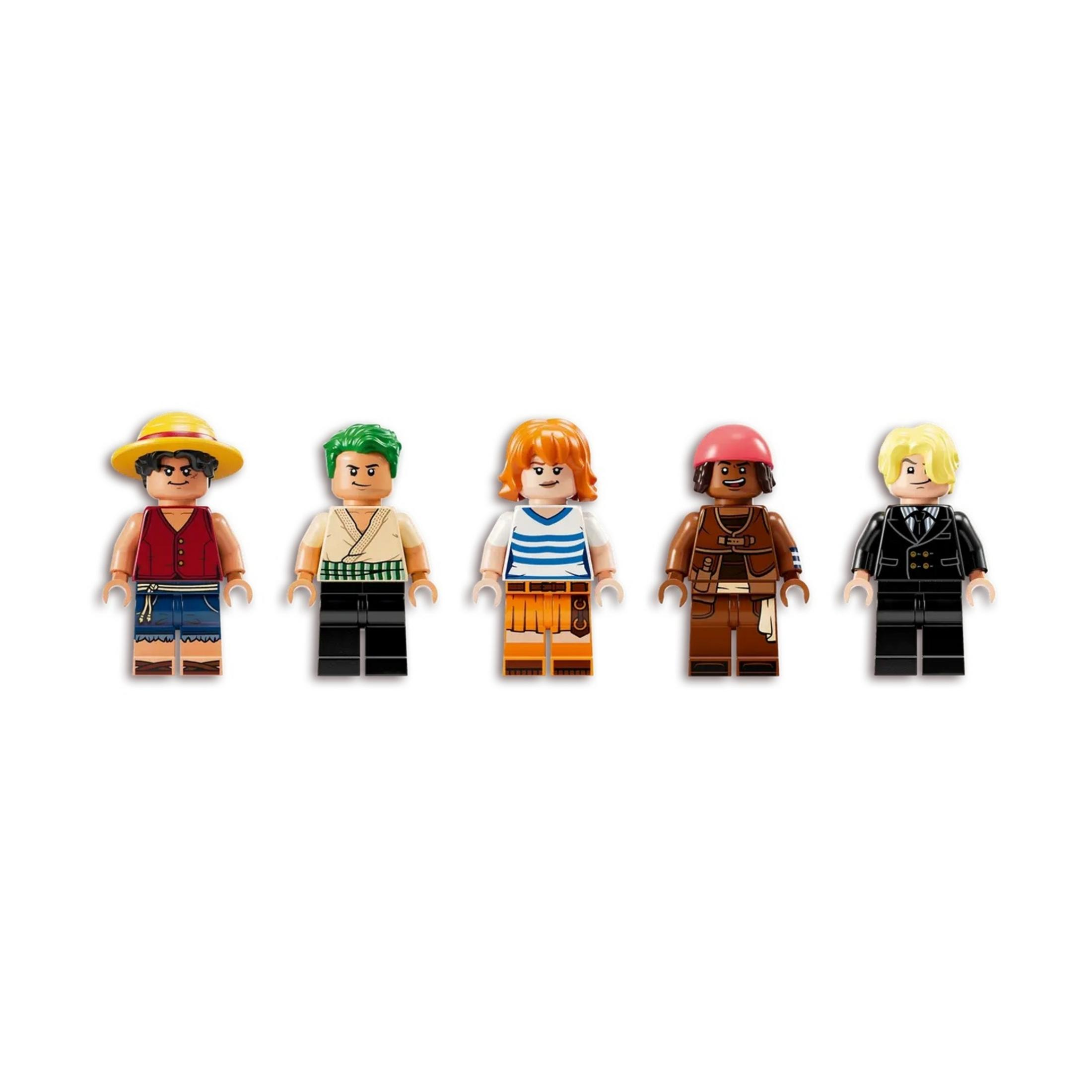 Cinco figuras Lego: Pirata sombrero paja, espadachín, navegante, doctor, músico.