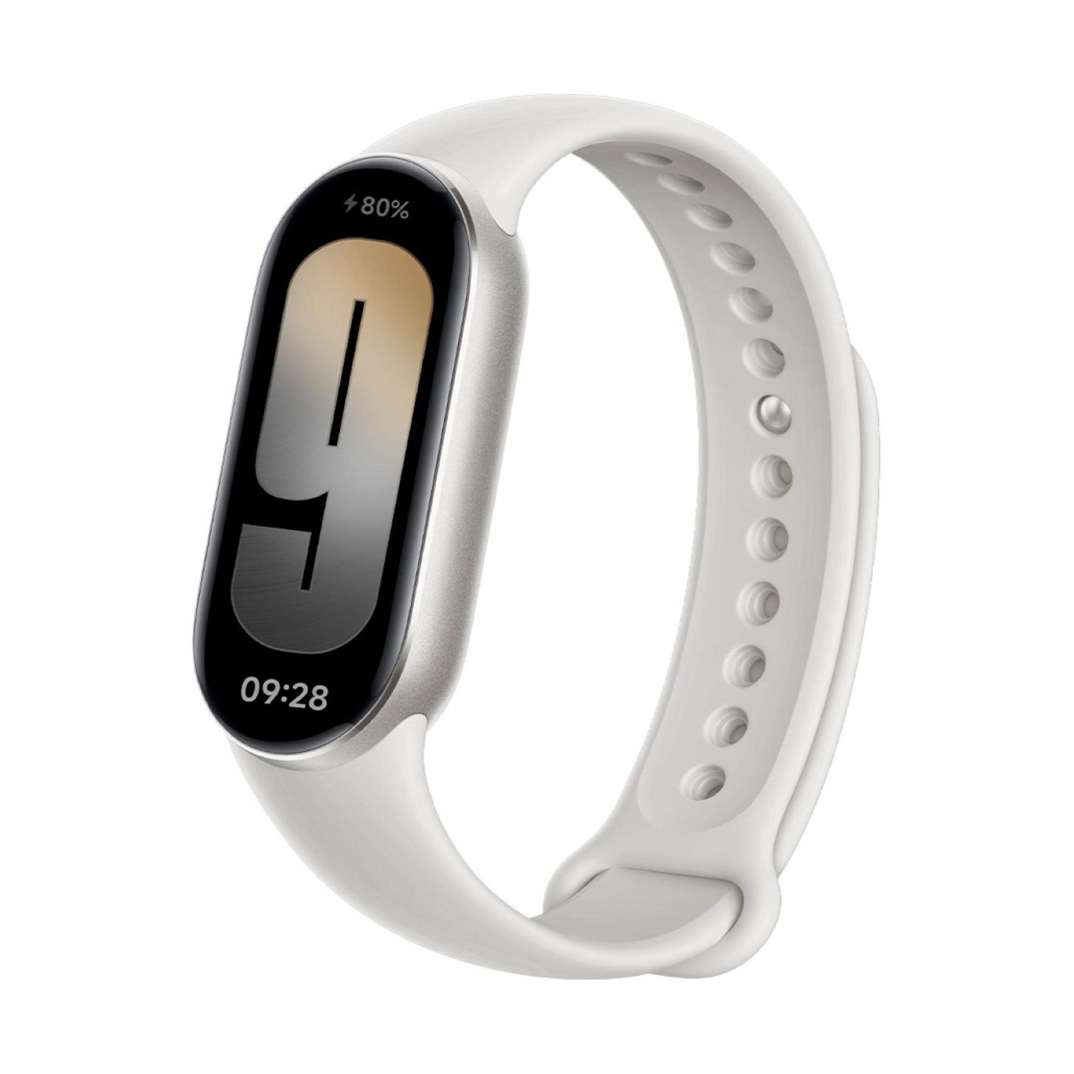 Una pulsera de actividad blanca con carcasa plateada y pantalla negra que muestra 80% y 09:28.