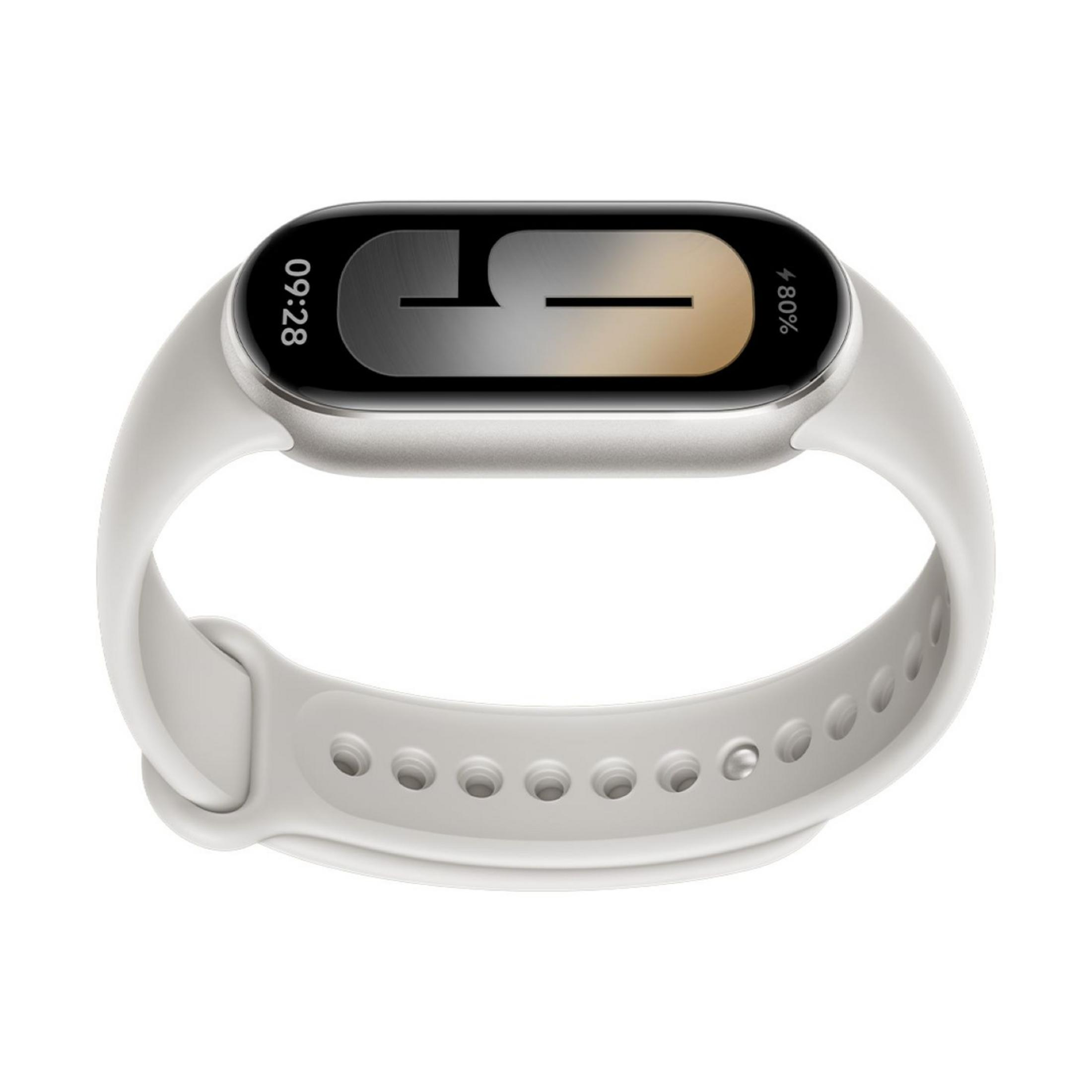 Reloj inteligente blanco con carcasa plateada y pantalla oscura que muestra las 09:28.