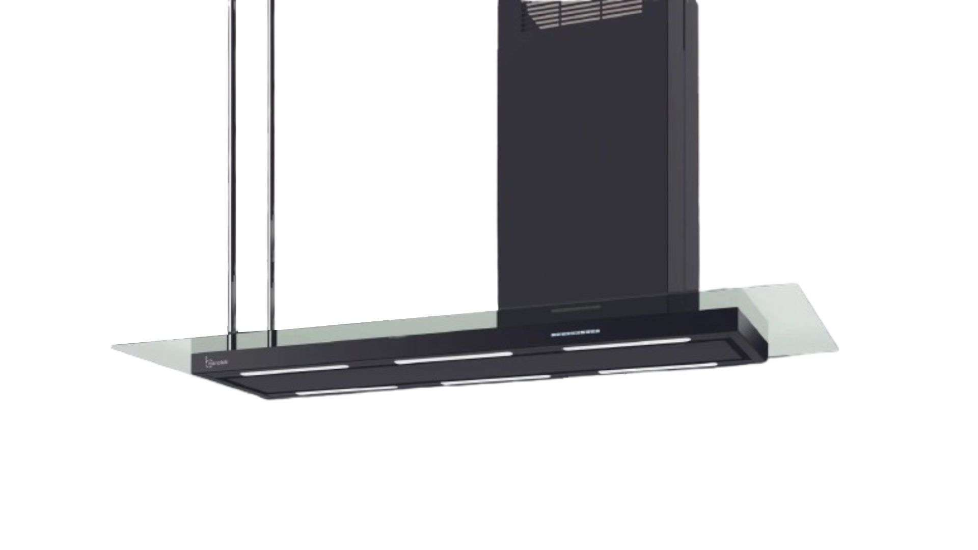 Cappa aspirante nera con cappa in vetro, luci, sospesa al soffitto.