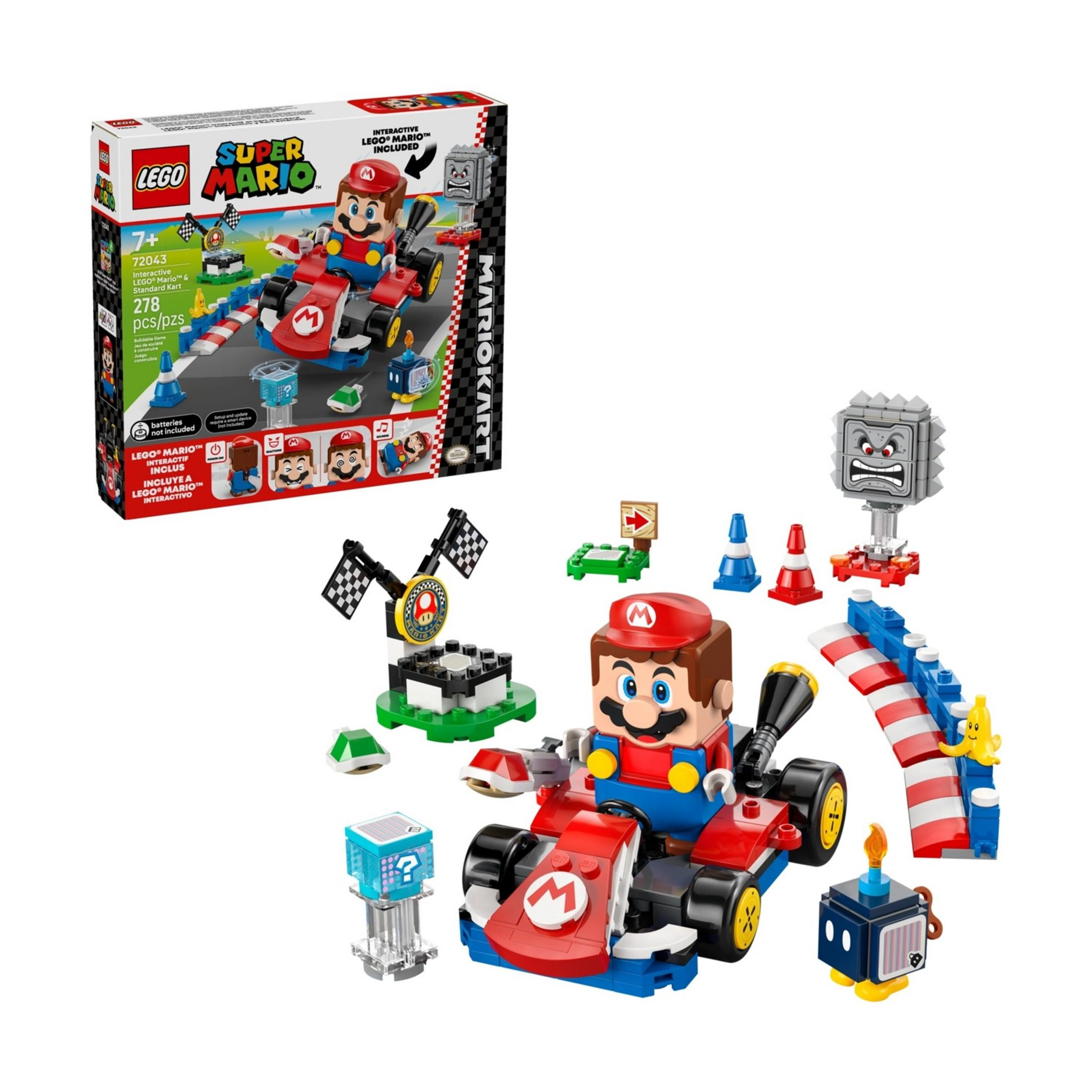 Set LEGO Super Mario Kart con Mario nel suo kart rosso, pezzi di pista e ostacoli.