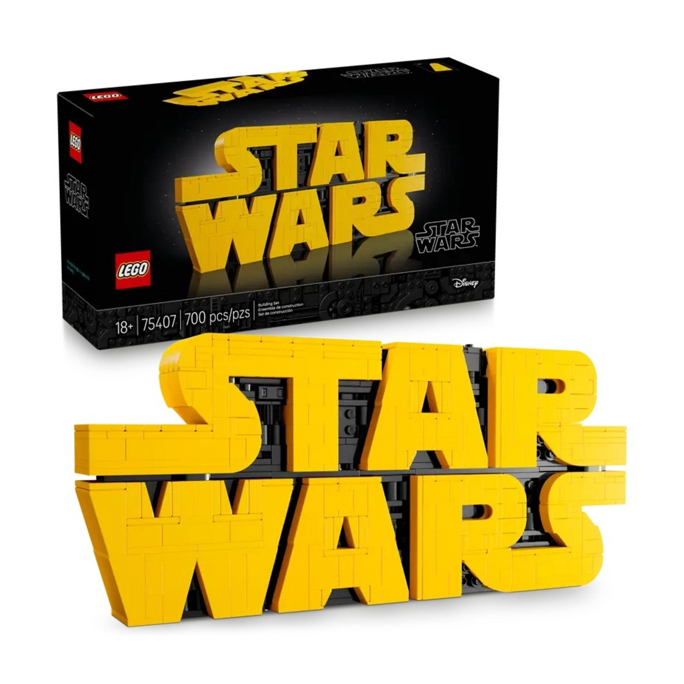 Logo LEGO Star Wars z żółtych klocków na czarnym tle.