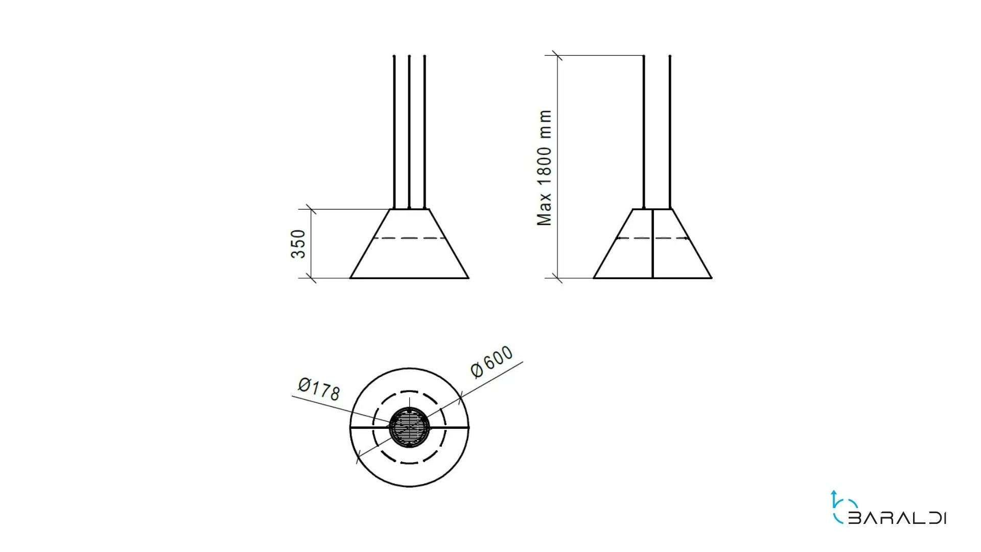 Disegno tecnico di una valvola a cono con dimensioni.