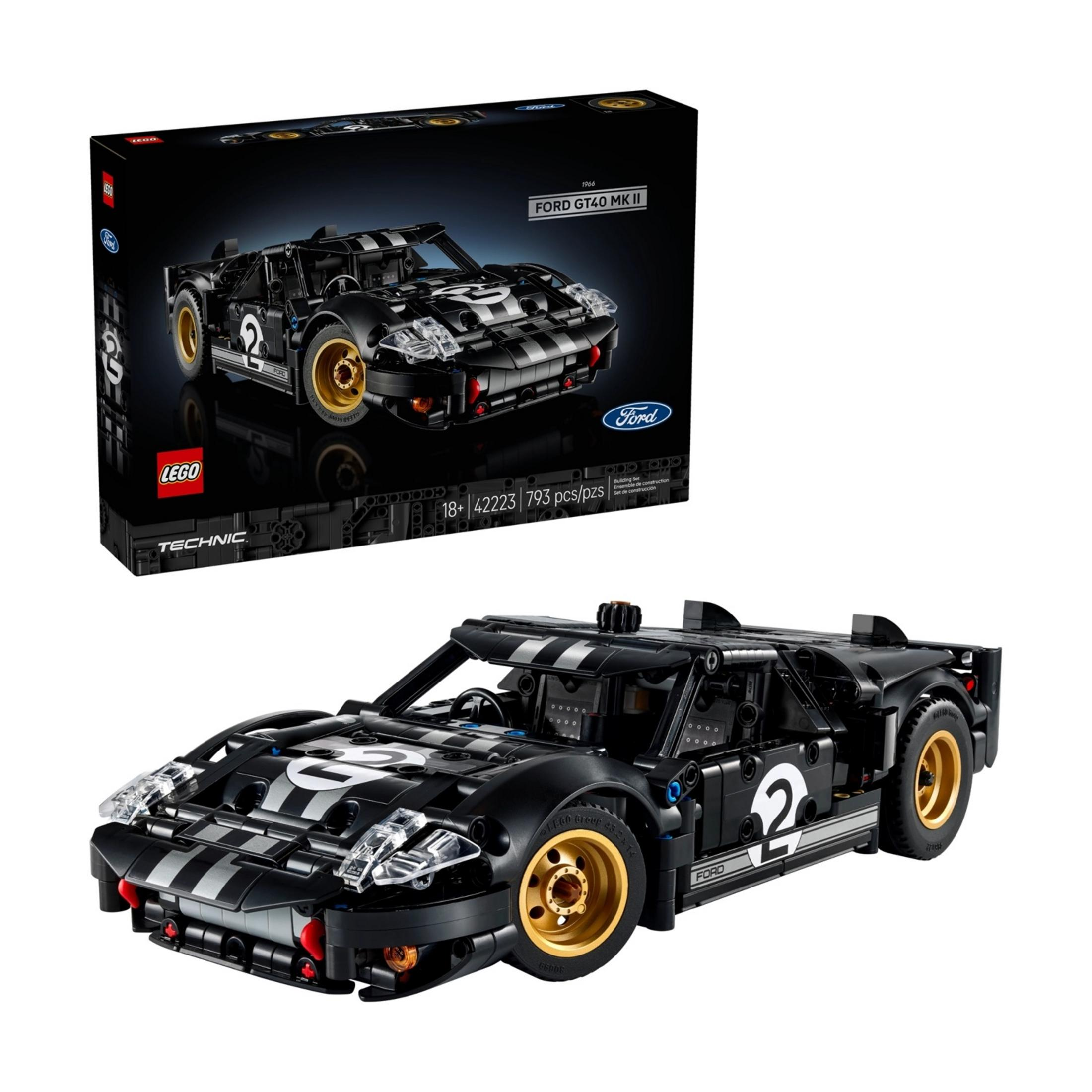 Czarny model LEGO Technic Ford GT40 Mk II z białymi pasami i numerem 2.