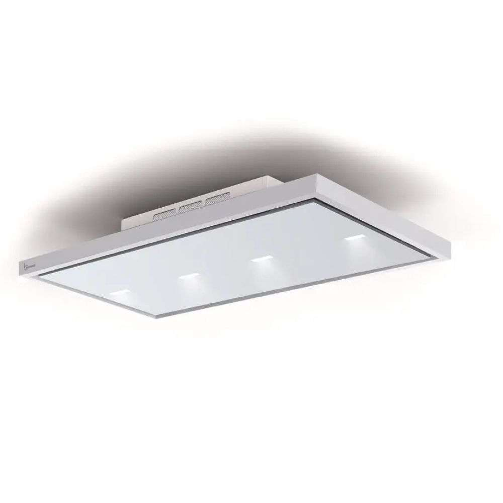 Cappa da cucina moderna bianca con frontale in vetro e luci.