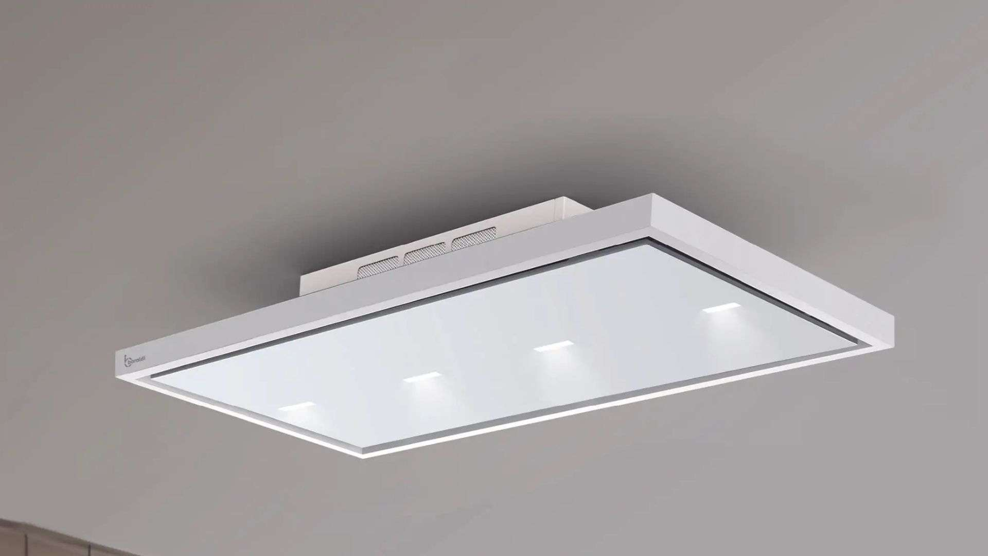 Cappa da cucina moderna bianca con frontale in vetro e luci integrate.