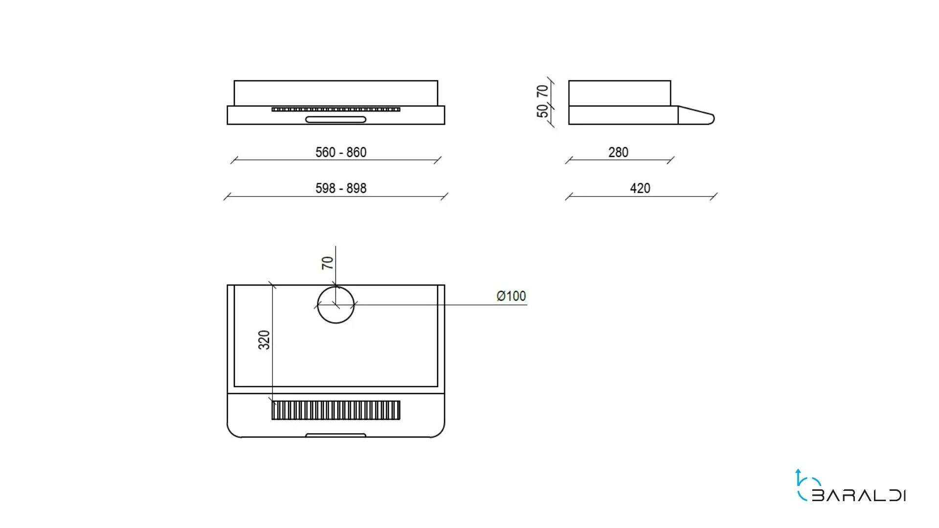 Disegno tecnico di una cappa da cucina con dimensioni.