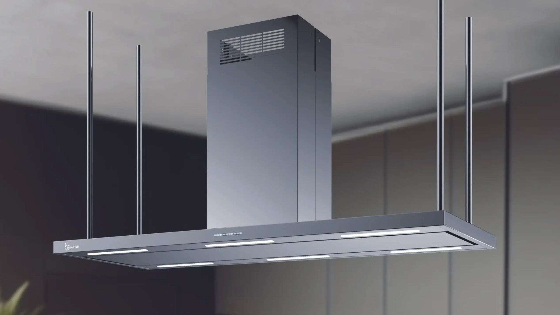 Una moderna cappa aspirante in metallo pende dal soffitto.