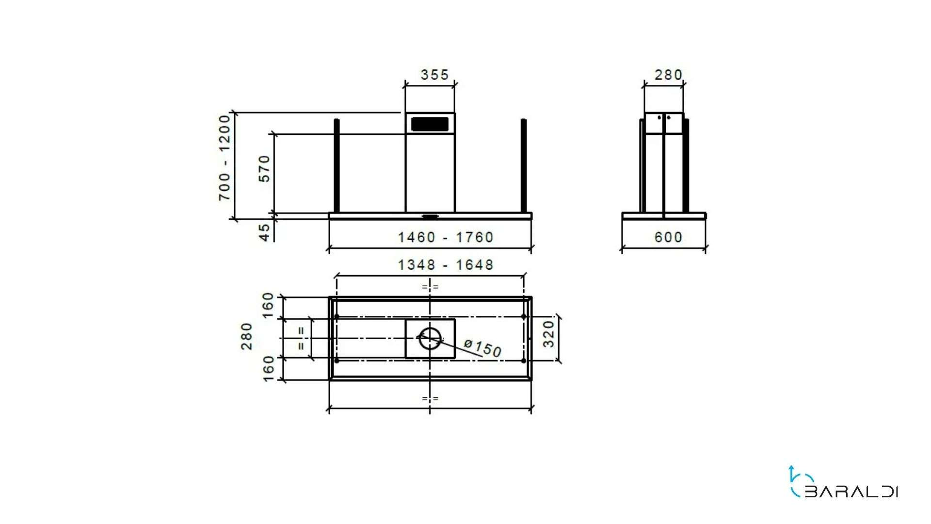 Disegno tecnico mostra dimensioni oggetto rettangolare con apertura circolare. Viste multiple.
