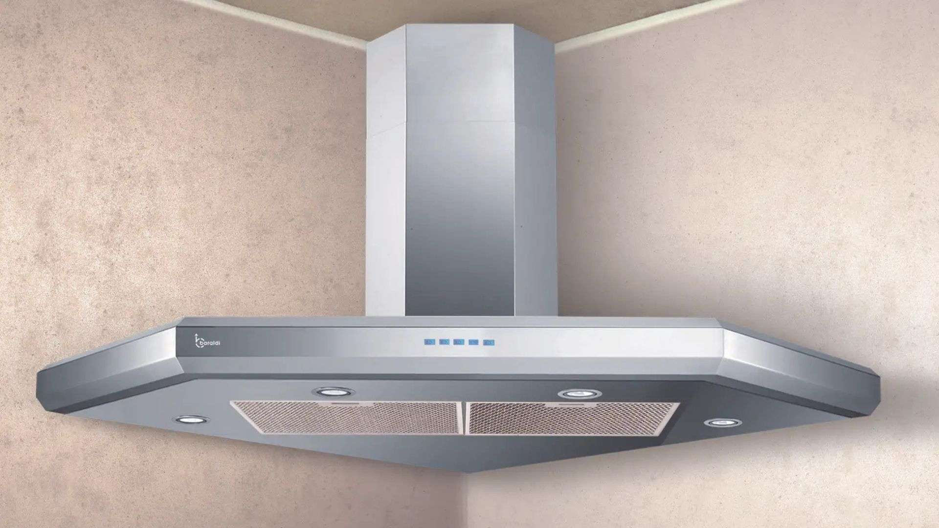 Moderna cappa in acciaio inox su parete color crema.