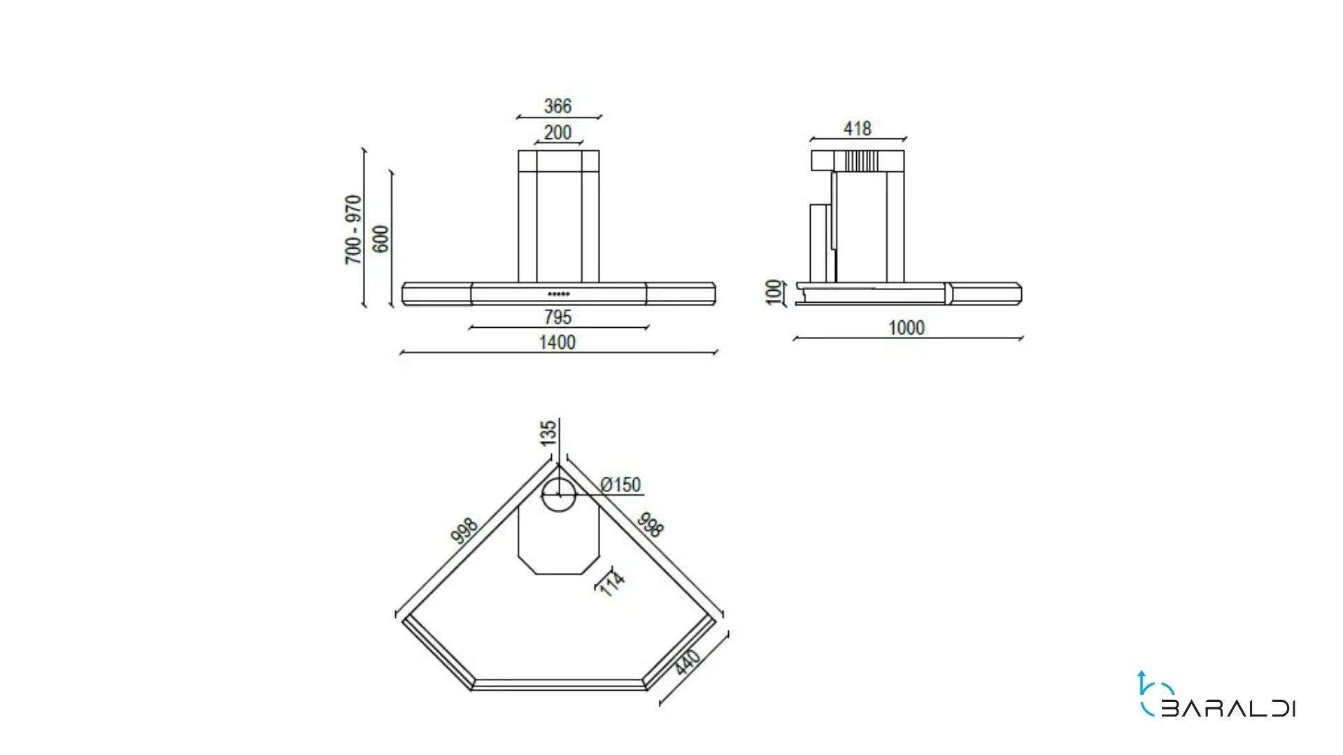 Disegno tecnico di una cappa da cucina con dimensioni e vista d'angolo.