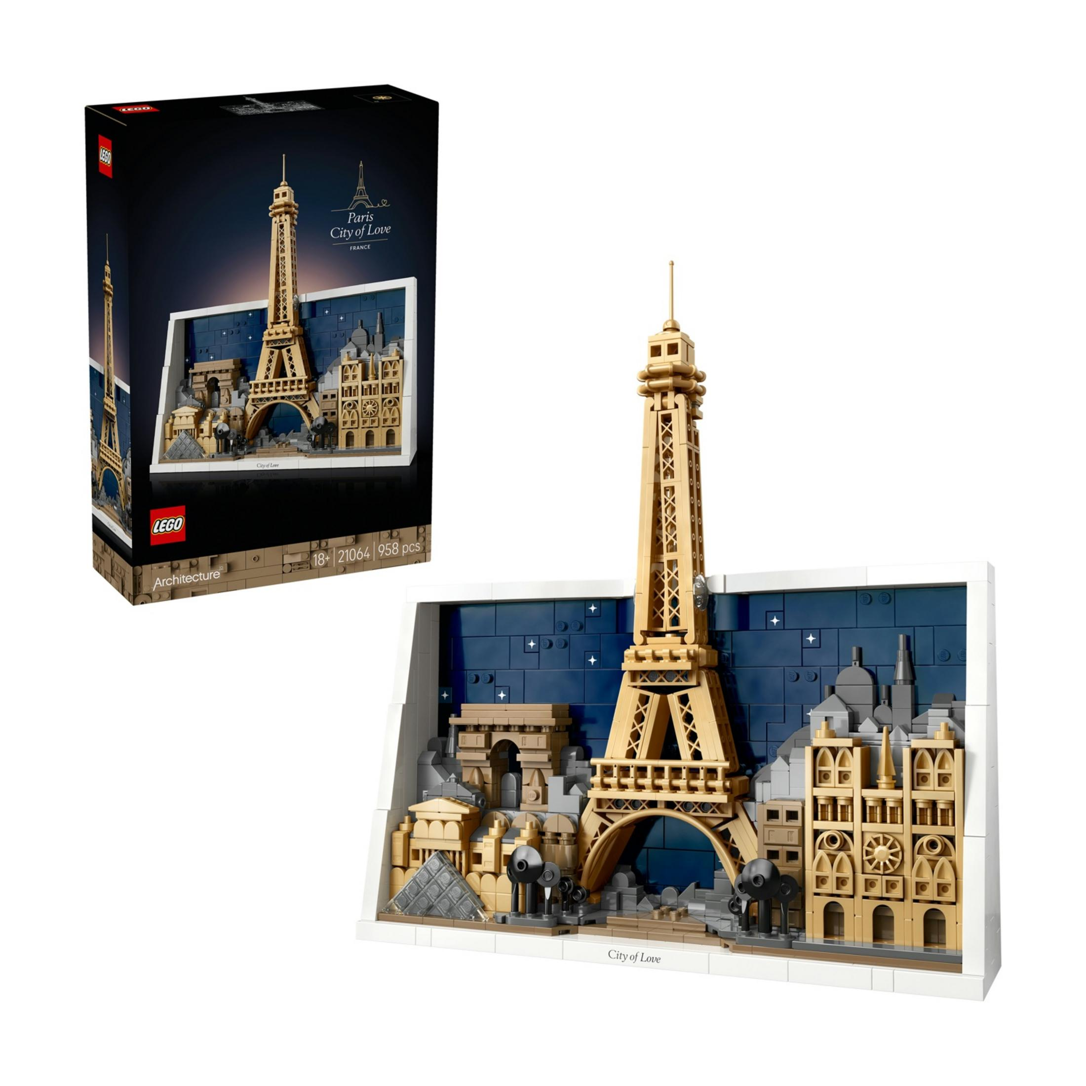 Model LEGO Paryża z Wieżą Eiffla, Łukiem Triumfalnym i budynkami.