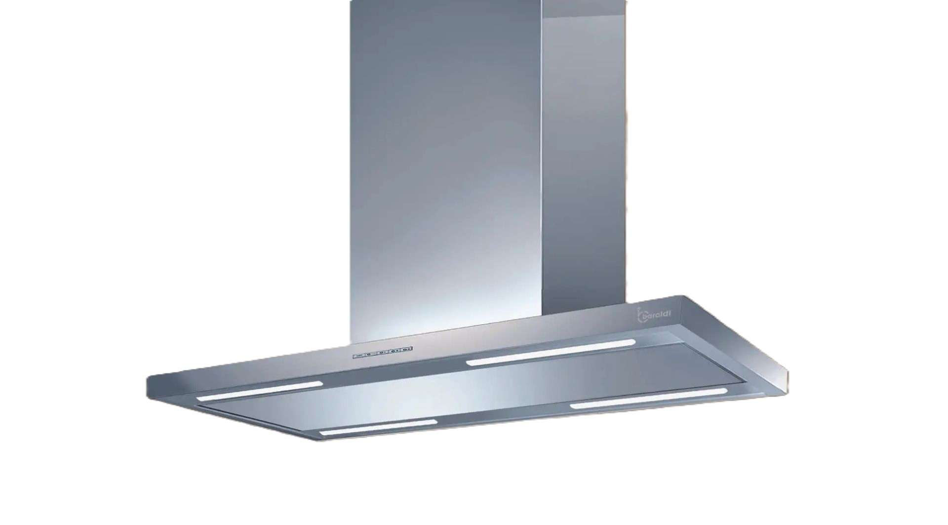 Cappa aspirante in acciaio inox con luci e controlli.