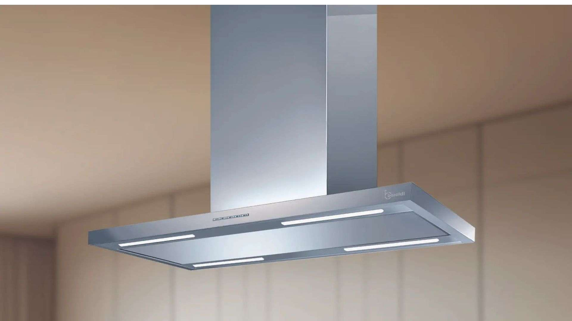 Cappa in acciaio inox con luci in stile moderno.